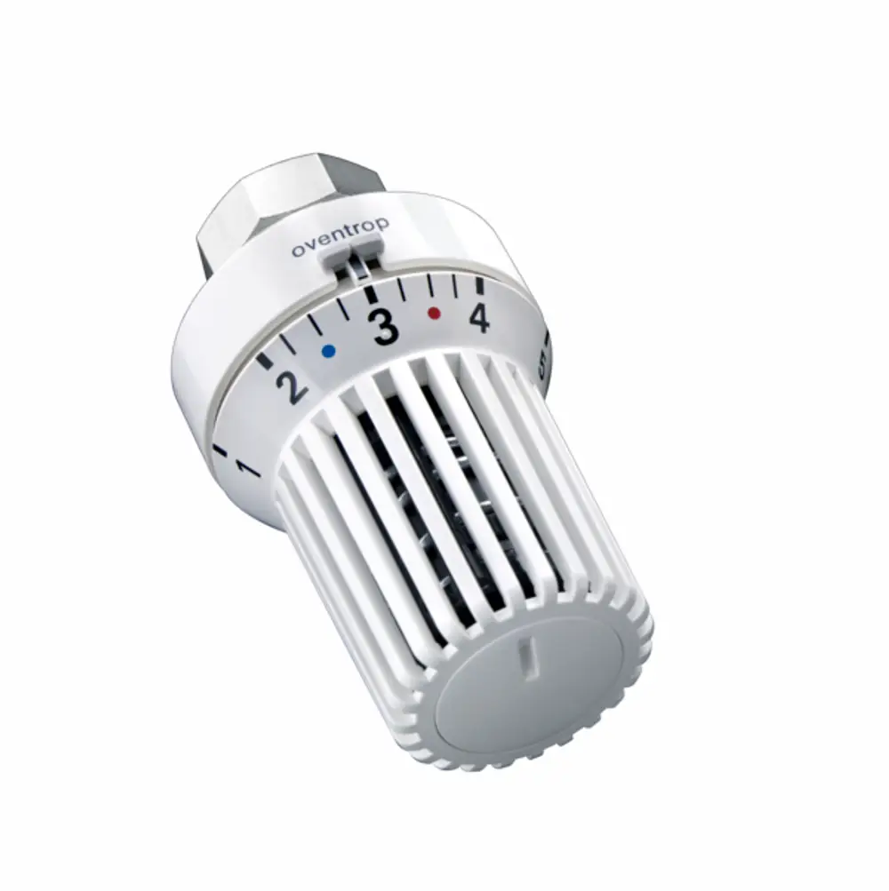 Weißer Thermostat von Oventrop mit einstellbarem Temperaturregler und sichtbarem Temperaturbereich auf der Skala. Anwendungsbereich für Heizungen.